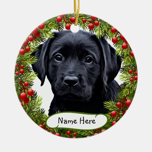 Black Labrador Pet Dog Wreath Ceramic Ornament (Front)