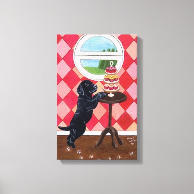 Black Labrador Puppy and Cupcakes Artwork Canvas Print (Front)
