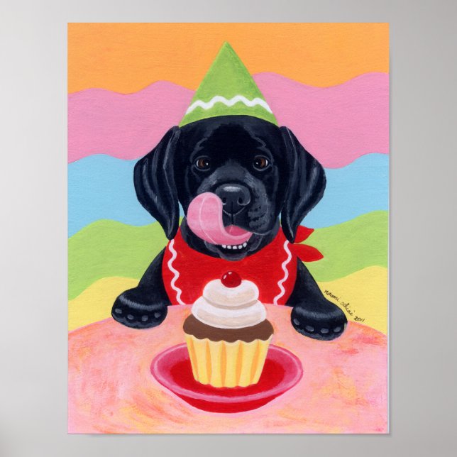 Black Labrador Puppy Birthday Cupcake Artwork Poster (Front)