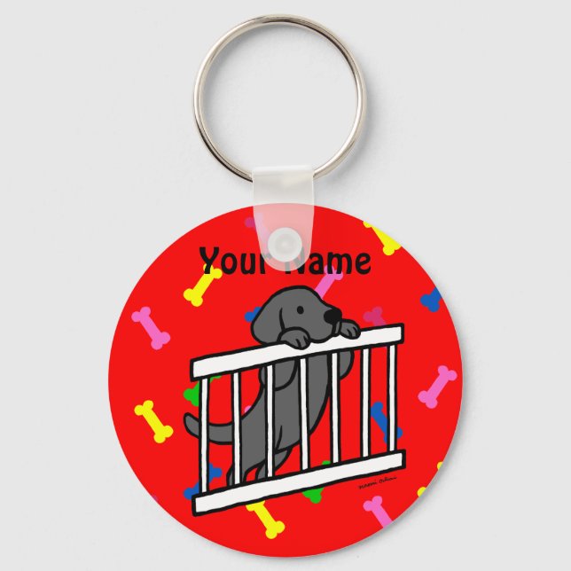 Black Labrador Puppy Cartoon Keychain (Front)