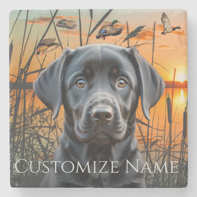 Black Labrador Puppy, Customized Wedding Gift Stone Coaster (Front)