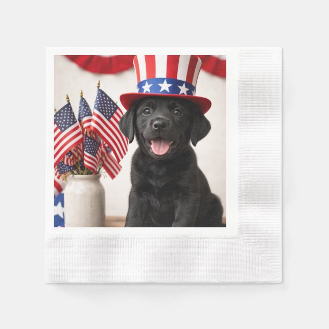 Black Labrador Puppy Patriotic Paper Napkins | (Front)