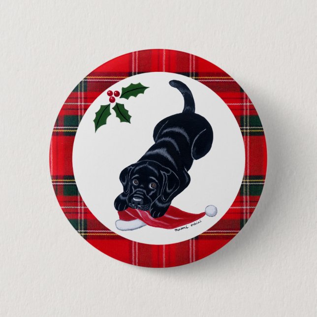 Black Labrador Puppy & Santa Hat Christmas 2 Inch Round Button (Front)