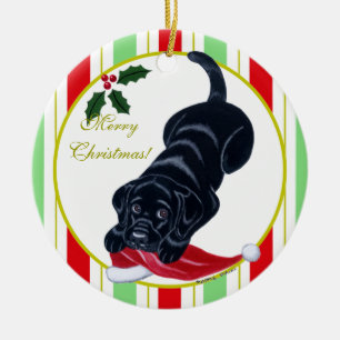 Black Labrador Puppy & Santa Hat Christmas Ceramic Ornament