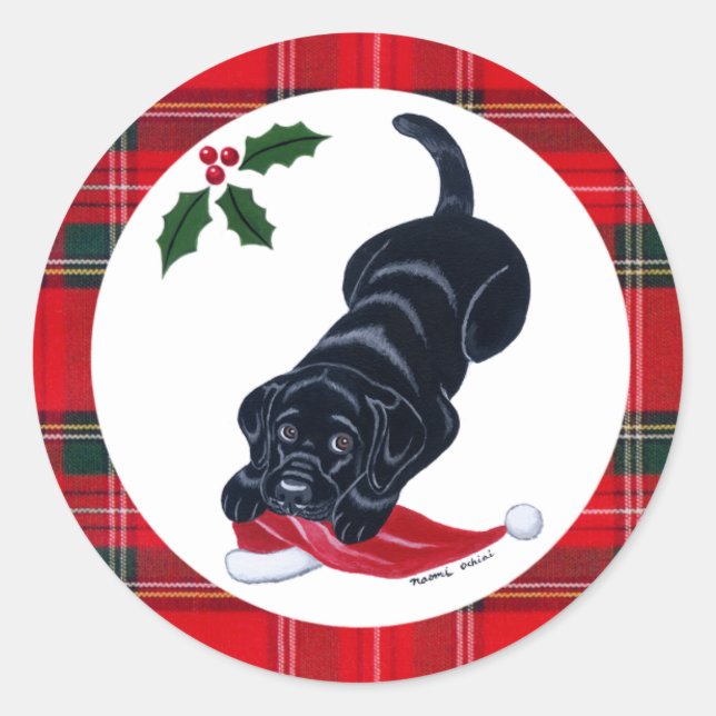 Black Labrador Puppy & Santa Hat Christmas Classic Round Sticker (Front)