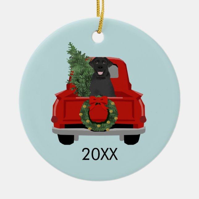 Black Labrador Red Christmas Truck Ceramic Ornament (Front)