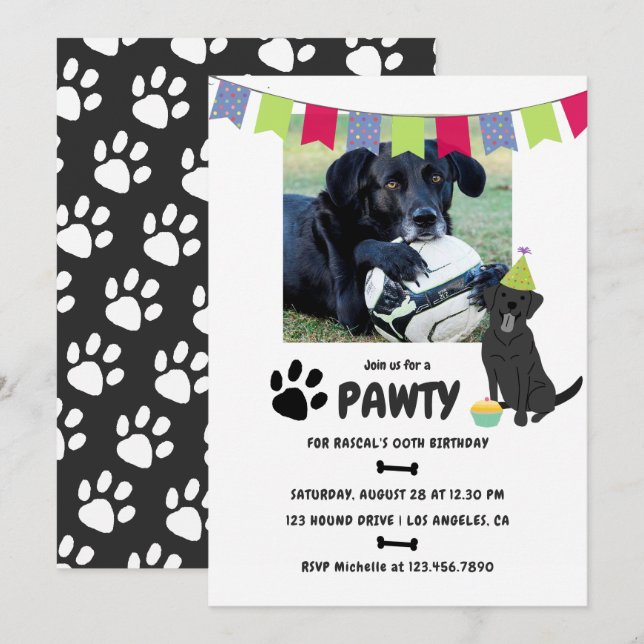 Black Labrador Retriever Birthday photo invitation (Devant / Derrière)