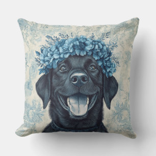 Black Labrador Retriever Blue Floral Throw Pillow