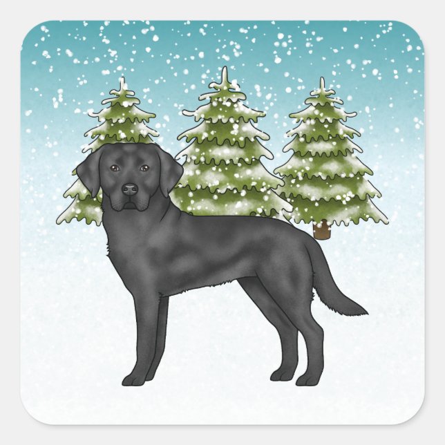 Black Labrador Retriever Blue Snowy Winter Forest Square Sticker (Front)