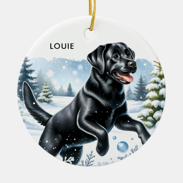 Black Labrador Retriever Cute Winter Snow Dog  Ceramic Ornament (Front)