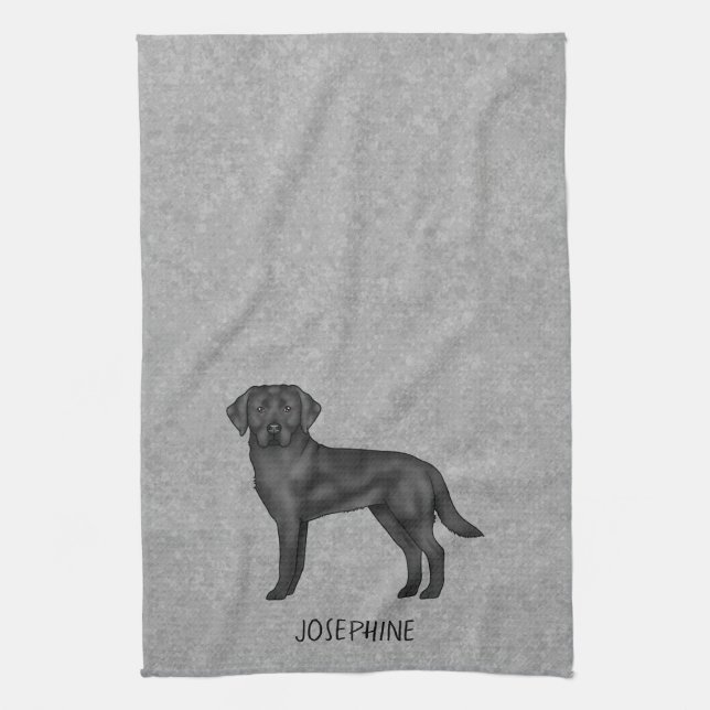 Black Labrador Retriever Dog And Custom Name Grey Kitchen Towel (Vertical)