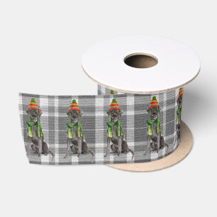 Black Labrador Retriever Dog and Holiday Plaid Satin Ribbon