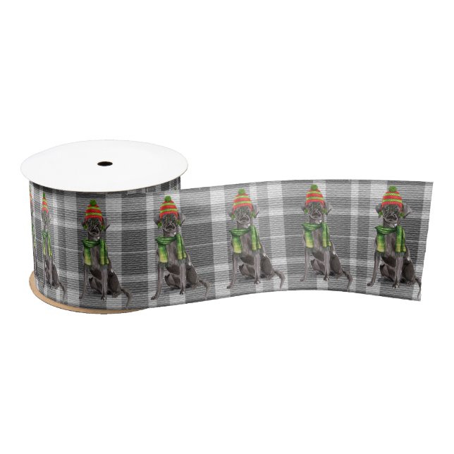 Black Labrador Retriever Dog and Holiday Plaid Satin Ribbon (Spool)