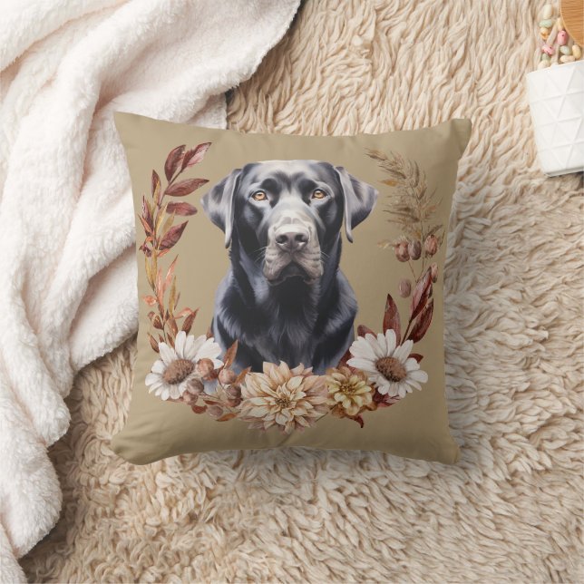 Black Labrador Retriever Dog Autumn Wreath Throw Pillow (Blanket)