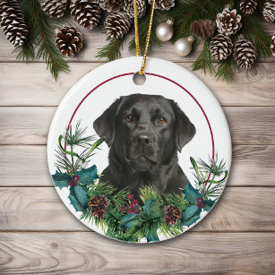 Black Labrador Retriever Dog Evergreen Wreath Ceramic Ornament
