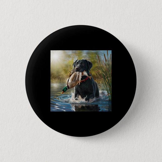 Black Labrador Retriever Dog Hunting Ducks In A Po 2 Inch Round Button (Front)