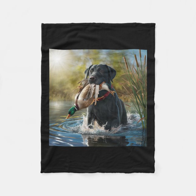Black Labrador Retriever Dog Hunting Ducks In A Po Fleece Blanket (Front)