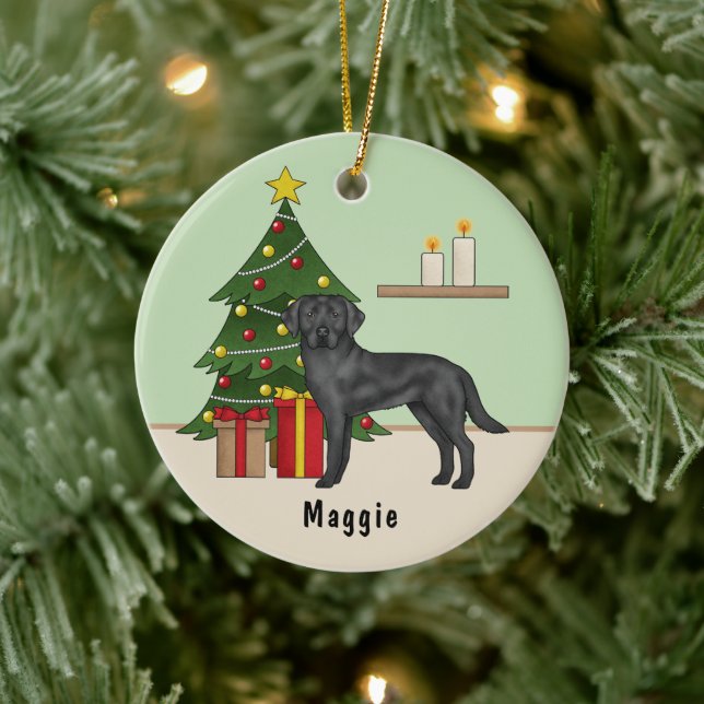 Black Labrador Retriever Dog With Christmas Tree Ceramic Ornament (Tree)