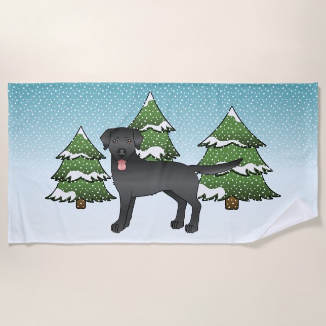 Black Labrador Retriever In A Winter Forest Beach Towel (Front)