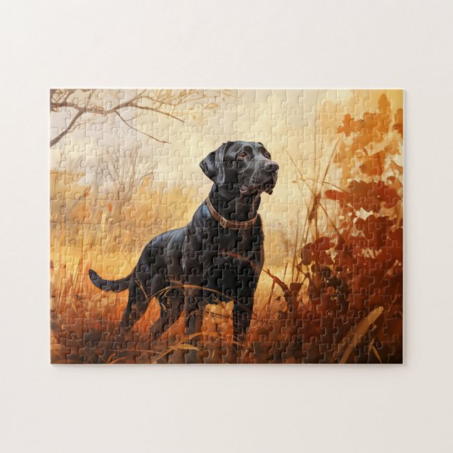 Black Labrador Retriever in autumn scenery Jigsaw Puzzle (Horizontal)