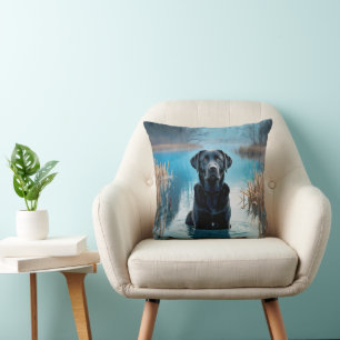 Black Labrador Retriever In Lake Water Throw Pillow