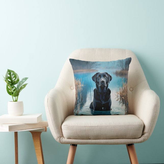 Black Labrador Retriever In Lake Water Throw Pillow (Chair)