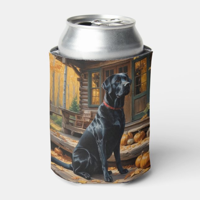 Black Labrador Retriever Log Cabin Autumn Can Cooler (Can Front)