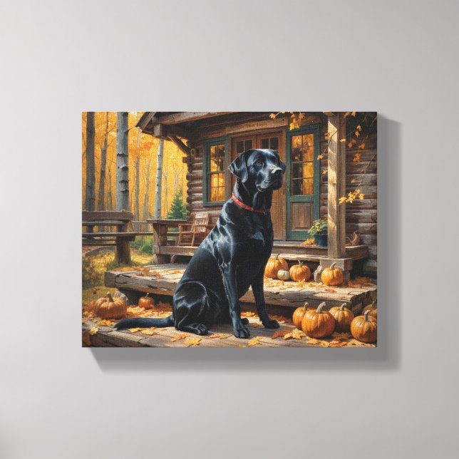 Black Labrador Retriever Log Cabin Autumn Canvas Print (Front)