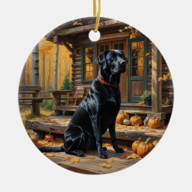Black Labrador Retriever Log Cabin Autumn Ceramic Ornament (Front)