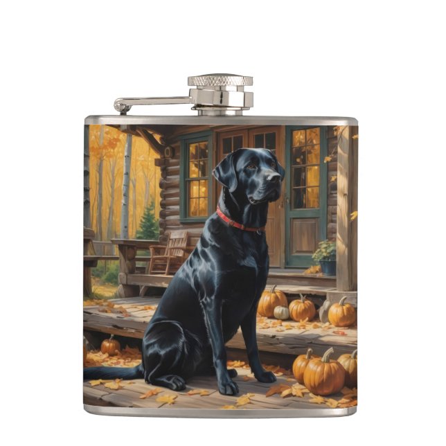 Black Labrador Retriever Log Cabin Autumn Hip Flask (Front)