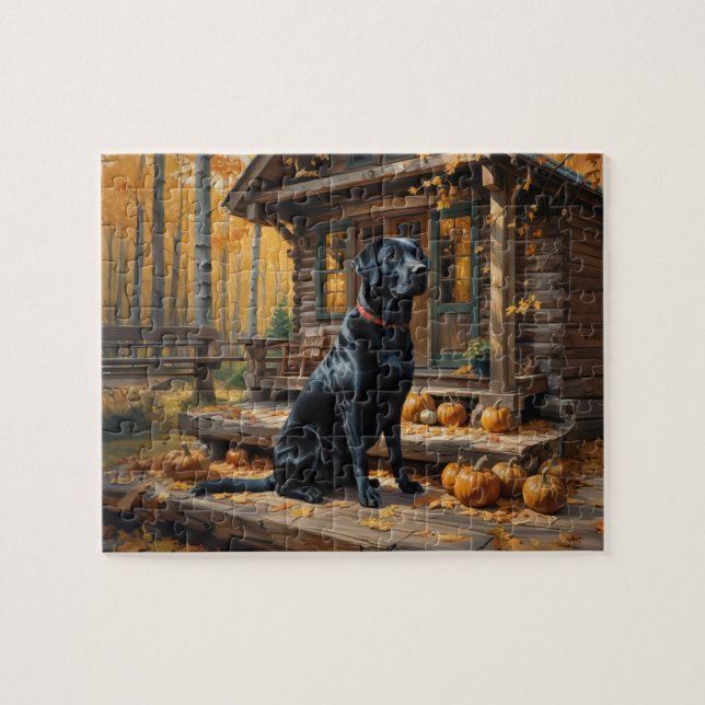 Black Labrador Retriever Log Cabin Autumn Jigsaw Puzzle (Horizontal)