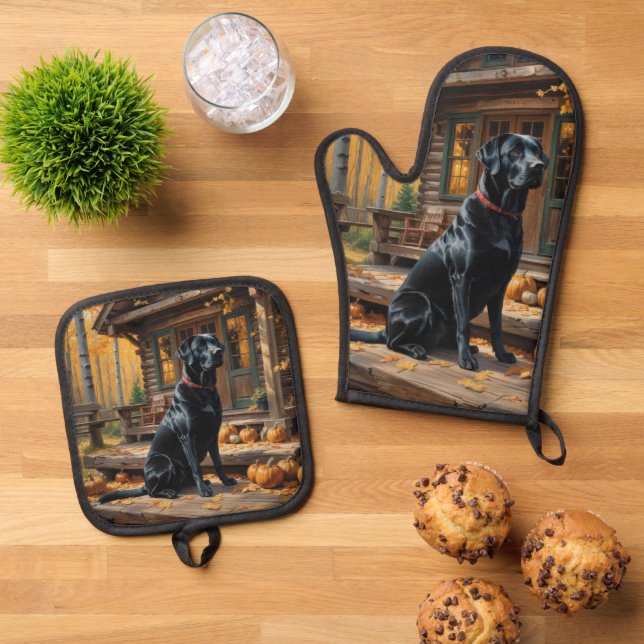 Black Labrador Retriever Log Cabin Autumn Oven Mitt & Pot Holder Set (Top Down)