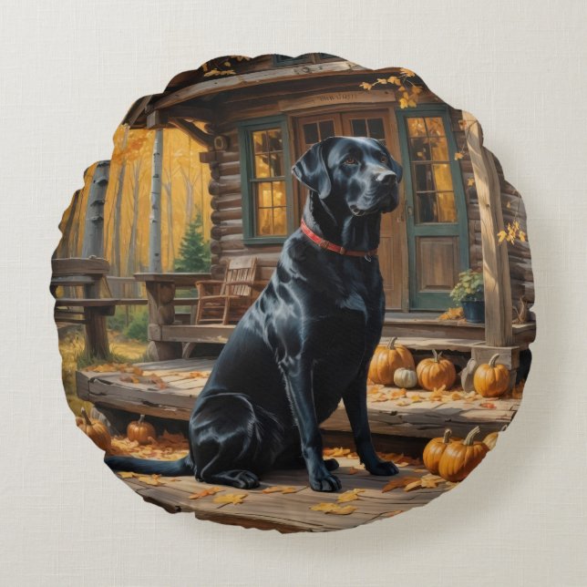 Black Labrador Retriever Log Cabin Autumn Round Pillow (Front)