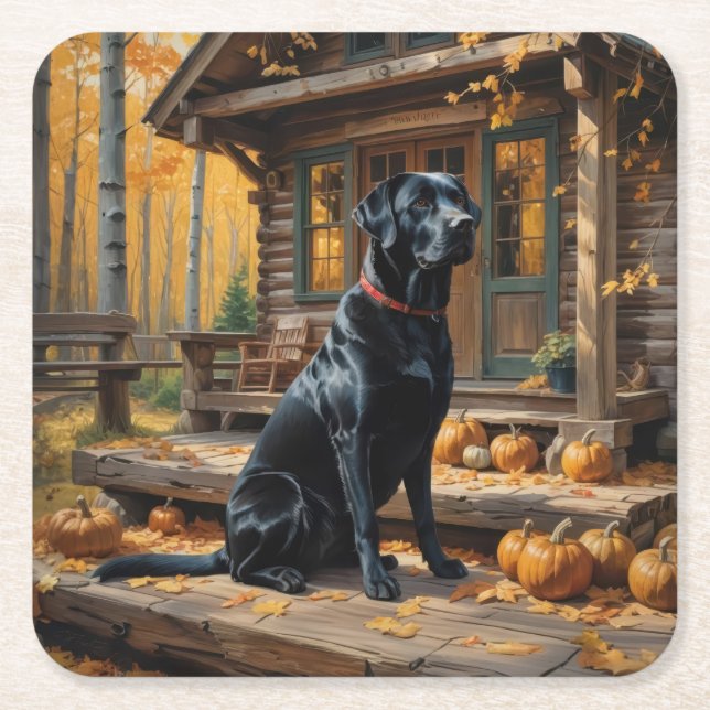 Black Labrador Retriever Log Cabin Autumn Square Paper Coaster (Front)
