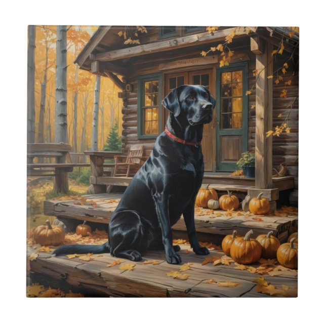Black Labrador Retriever Log Cabin Autumn Tile (Front)
