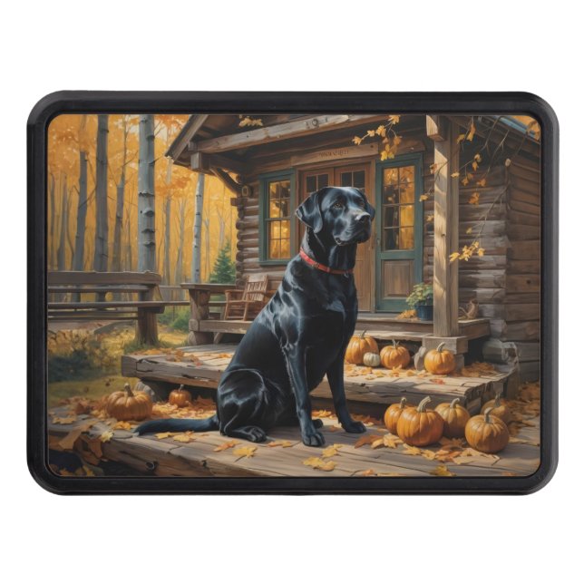 Black Labrador Retriever Log Cabin Autumn Trailer Hitch Cover (Front)