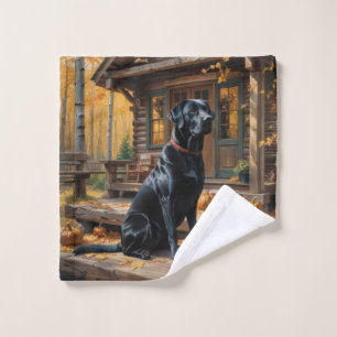 Black Labrador Retriever Log Cabin Autumn Wash Cloth