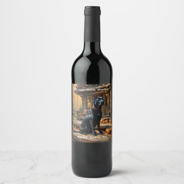 Black Labrador Retriever Log Cabin Autumn Wine Label (Front)