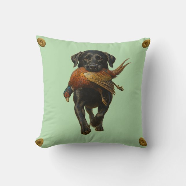 Black Labrador Retriever & Pheasant throw cushion (Front)