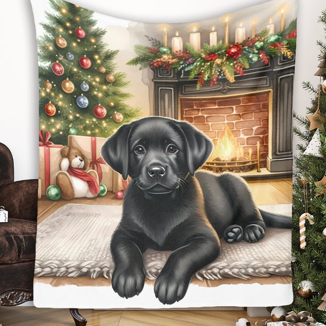 Black Labrador Retriever Puppy Dog Cozy Christmas Fleece Blanket (Creator Uploaded)