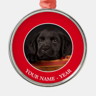 Black labrador retriever puppy in a basket metal ornament