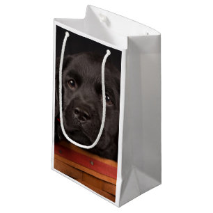 Black labrador retriever puppy in a basket small gift bag