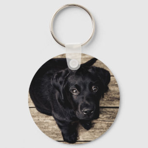 Black Labrador Retriever Puppy on Wood Keychain