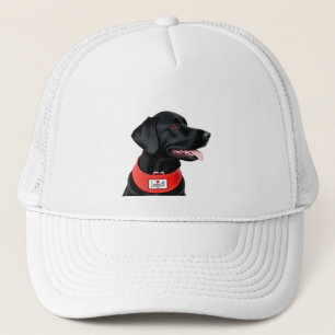 Black Labrador Retriever Wearing a Red Collar Trucker Hat