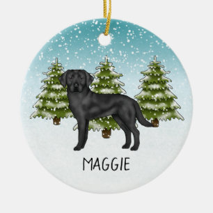 Black Labrador Retriever Winter Forest Custom Name Ceramic Ornament