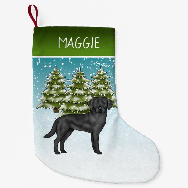 Black Labrador Retriever Winter Forest Custom Name Small Christmas Stocking (Front)
