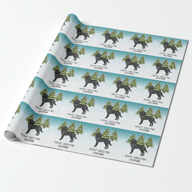 Black Labrador Retriever Winter Forest Custom Text Wrapping Paper (Unrolled)