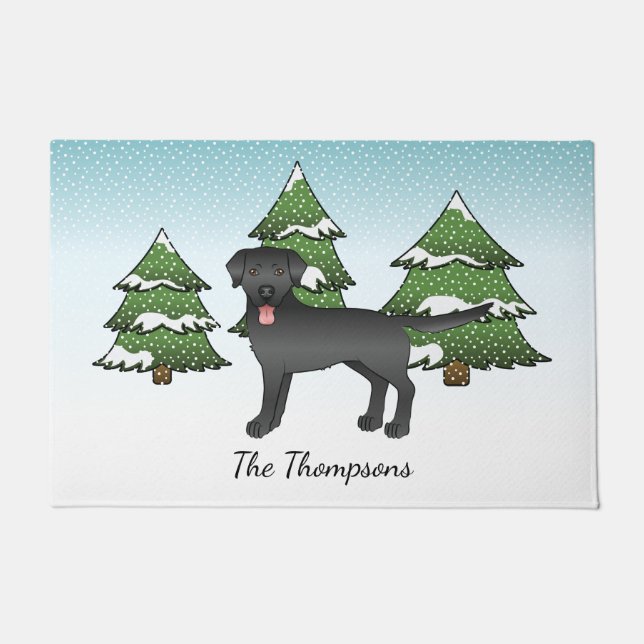Black Labrador Retriever - Winter Forest & Name Doormat (Front)