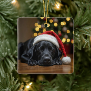 Black Labrador Retriever With Santa Claus Hat Ceramic Ornament