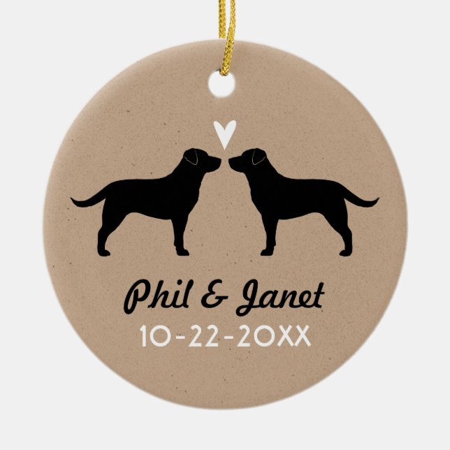 Black Labrador Retrievers Couple with Heart Custom Ceramic Ornament (Front)